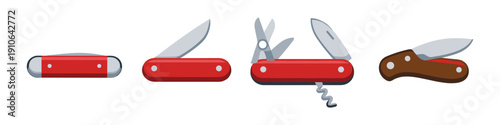 Collection of pocket knives and multi-tools with red handles and one brown handle