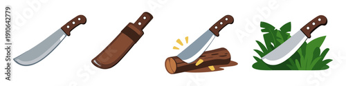 Collection of cartoon machetes, one with a sheath, one cutting wood, and one in foliage