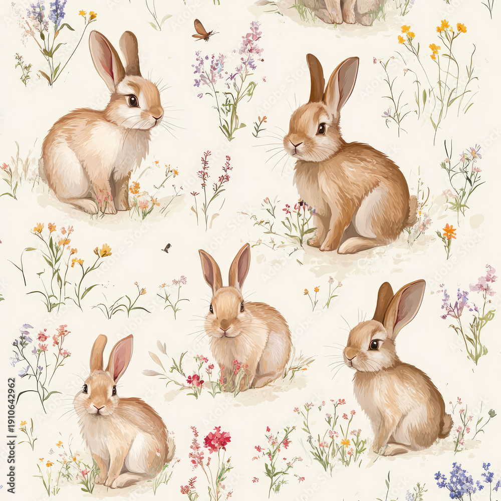 Fototapeta premium Cute rabbits surrounded by wildflowers in a soft and delicate seamless pattern ideal for spring and Easter decorations