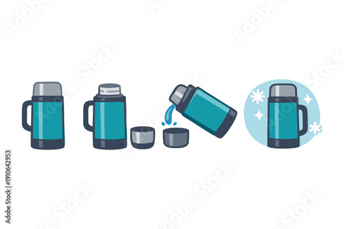 Set of four flat design icons depicting a teal thermos flask and its use