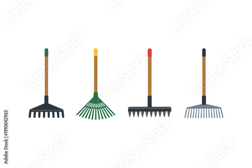Collection of four different types of garden rakes with colorful handles on a white background
