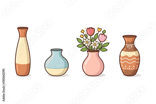 Collection of four decorative vases with different styles and colors on a white background