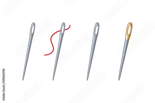Set of four sewing needles, one with red thread, isolated on white background