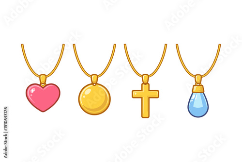 Collection of four distinct pendants on gold chains: heart, circle, cross, and teardrop