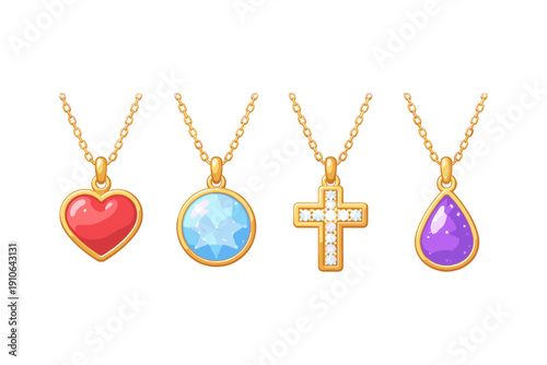 Collection of four gold necklaces with different gemstone pendants: heart, circle, cross, and teardrop