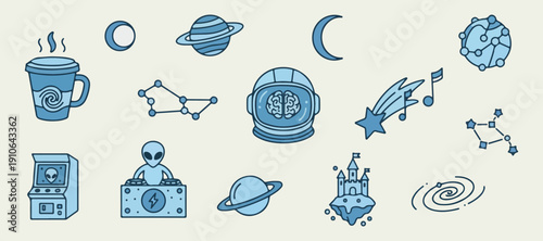 Space Icons Collection Blue, Planet Moon Rocket Saturn Clipart, Retro Space Illustration Set, Celestial Astronomy Elements, Vintage Galaxy Graphic, Cosmic Doodle Stickers, Blue Cream Space Art

