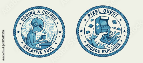 Coffee Pixel Arcade Badge, Retro Blue Vintage Emblem, Gaming Coffee Logo Design, Pixel Art Coffee Label, Retro Gamer Badge Clipart, Vintage Circle Stamp, Blue Cream Graphic Poster

