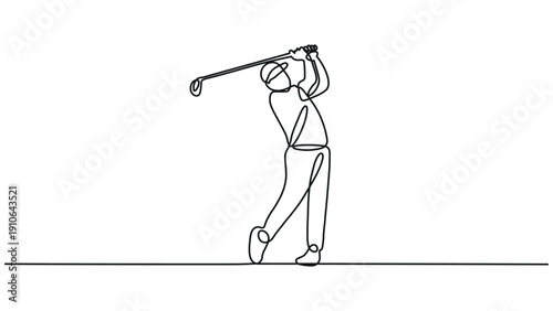 Continuous One Line Drawing of a Golf Player Swinging Club in Minimal Black and White Outline Style with Smooth Single Stroke Detail and Clean Simple Background for Modern Sports Illustration Concept 