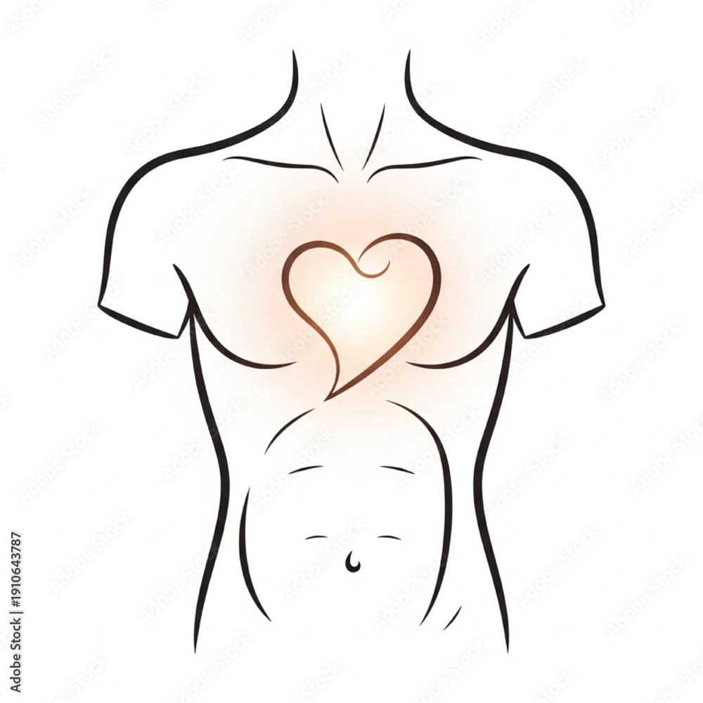 Obraz premium Human Torso Outline with Glowing Heart Inside Minimal Flat Vector Illustration