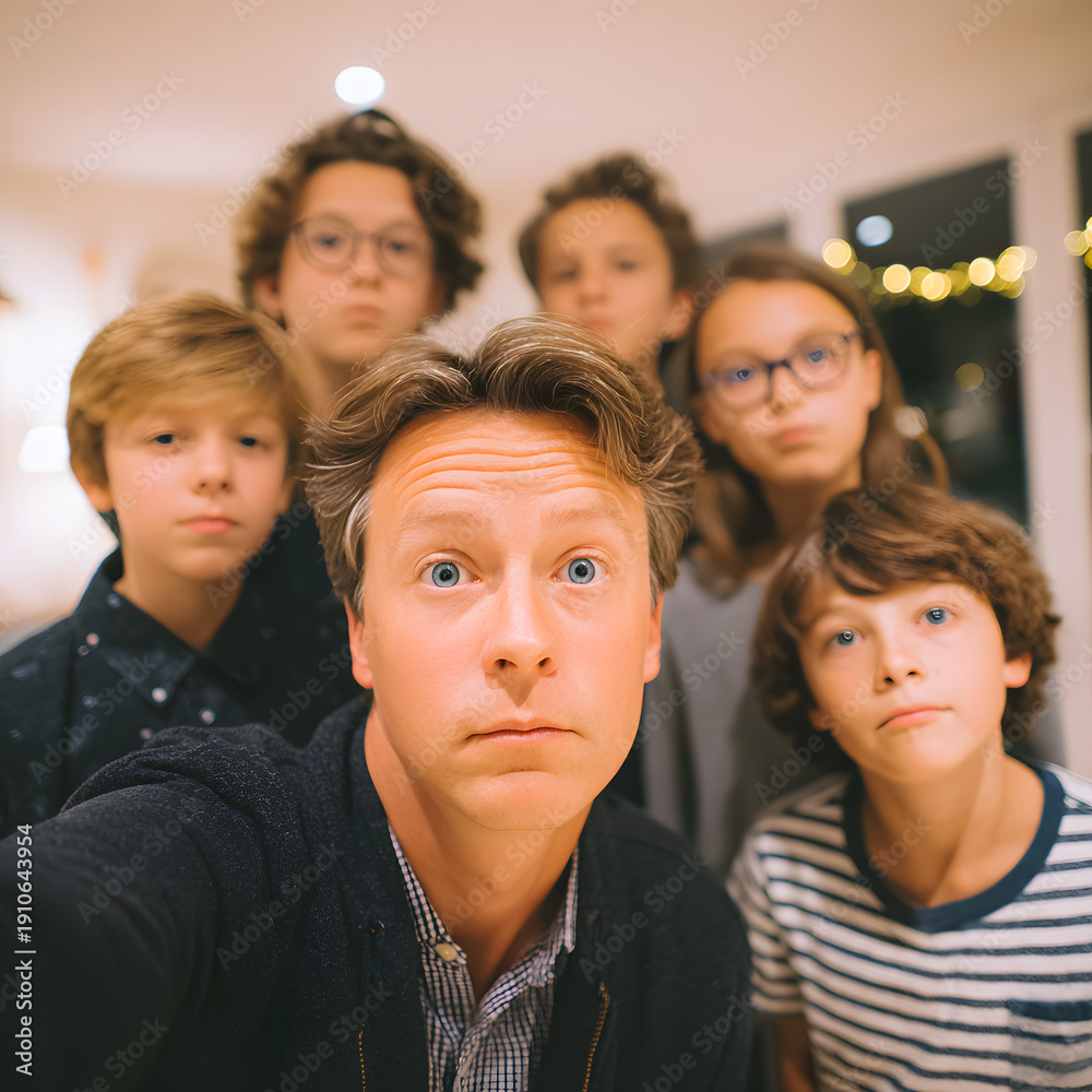 Obraz premium Father and his children take a candid group selfie with surprised expression indoors
