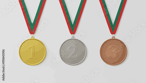 Three medals hanging from red and green ribbons, gold, silver, and bronze.