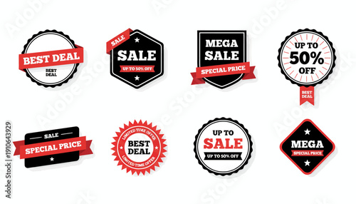 Collection of sale and discount labels for promotional use.