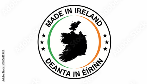 Ireland country emblem with Made in Ireland label and Irish language translation.