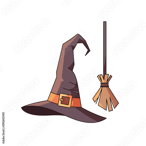 A witch's hat and broomstick illustration, a symbol of magic and fantasy, on a plain background from a straightforward viewpoint.
