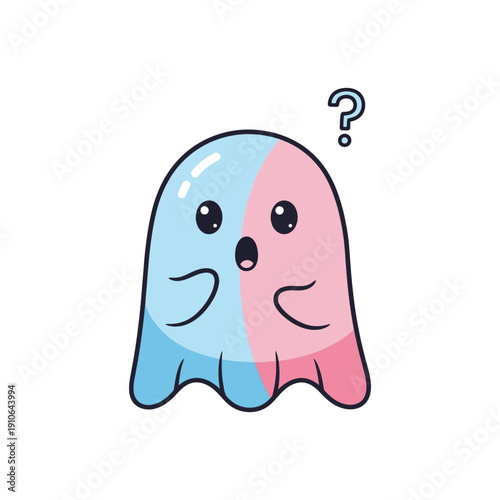 Cartoon ghost with confused expression in blue and pink colors with simple line art style for illustration or graphic design