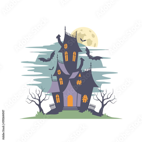 Spooky House with Bats Flying Around under Full Moon at Night, Vector Illustration