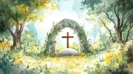 Open tomb with cross surrounded by nature painted in soft watercolors showcasing the Easter story in a storybook style