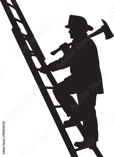 vector of a firefighter climbing a ladder, carrying a heavy axe