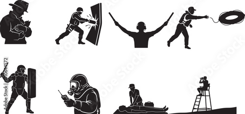 set of vector silhouettes of search and rescue, swat team, coast guard, riot police officer, lifeguard, paramedic performing cpr 