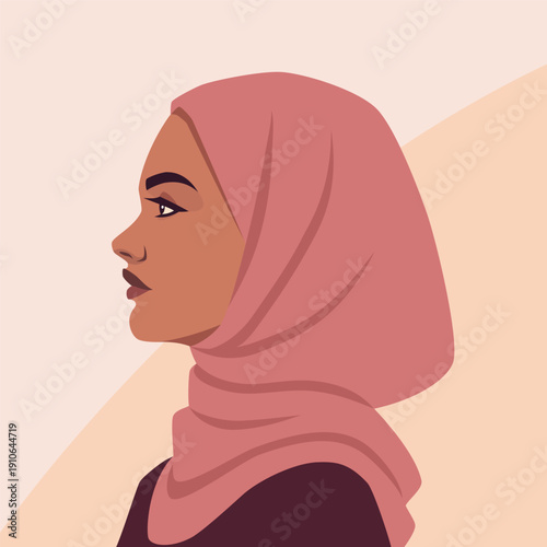 Portrait of young beautiful muslim woman in hijab, side view. Arab woman in profile. Diversity. Avatar of girl for social networks. Stock vector illustration in flat style.