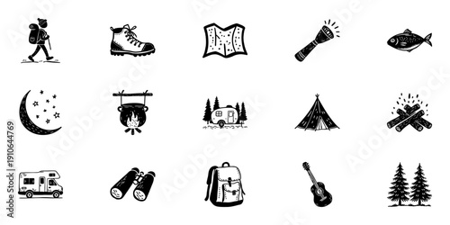 Camping And Outdoor Adventure Icons In Hand Drawn Style Set. Hiking, Exploration, And Nature Doodle Sketch Collection. Travel And Wilderness Elements. Isolated Vector Illustration
