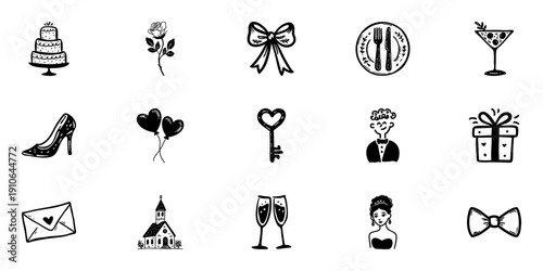Wedding And Celebration Icon Set In Hand Drawn Style. Romantic Symbols, Marriage Ceremony, And Festive Elements Doodle Sketch Collection. Love And Party Theme. Isolated Vector Illustration
