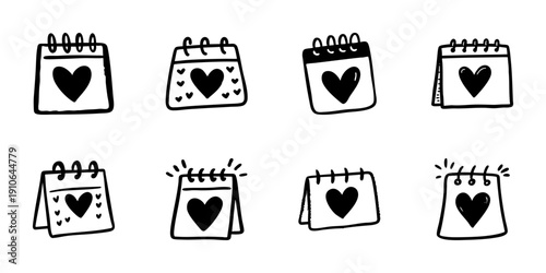Heart Calendar Icons In Hand Drawn Style Set. Romantic Date Reminder, Love Event Planning Doodle Sketch Collection. Valentine'S Day, Anniversary Celebration. Isolated Vector Illustration