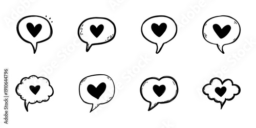 Heart Speech Bubbles In Hand Drawn Style Set. Love Communication, Romantic Expression, Affectionate Messaging Doodle Sketch Collection. Social Media Interaction. Isolated Vector Illustration