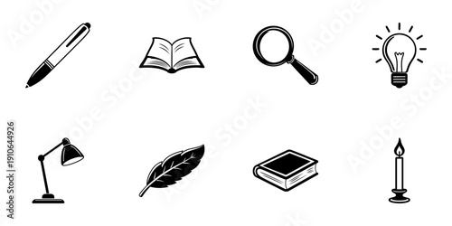 Writing And Creativity Tools In Hand Drawn Style Set. Literature, Research, And Innovation Doodle Sketch Collection. Stationery And Inspiration Elements. Isolated Vector Illustration