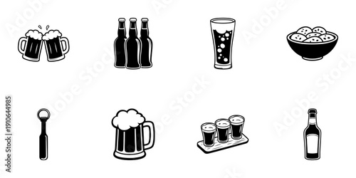 Beer And Snack Icons In Hand Drawn Style Set. Pub And Brewery Themed Doodle Sketch Collection. Beverage And Snack Illustrations. Isolated Vector Illustration