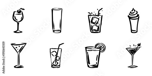 Assorted Beverage Glasses In Hand Drawn Style Set. Cocktail, Wine, And Juice Doodle Sketch Collection. Drinkware Variety For Bars And Restaurants. Isolated Vector Illustration