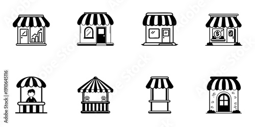 Small Business And Market Stall Icons In Hand Drawn Style Set. Retail, Commerce, And Entrepreneurship Doodle Sketch Collection. Storefront And Vendor Booth Illustrations. Isolated Vector Illustration