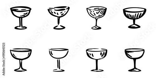 Champagne Coupe Glasses In Hand Drawn Style Set. Vintage Drinkware, Celebration, Party Doodle Sketch Collection. Elegant Glassware Designs. Isolated Vector Illustration