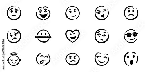 Hand-Drawn Emoji Icon Set In Brush Stroke Style. Expressive Faces Doodle Sketch Collection. Emotions, Reactions, And Feelings Representation. Isolated Vector Illustration