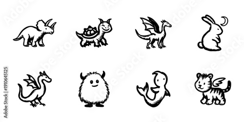 Cute Fantasy Creatures In Hand Drawn Style Set. Whimsical Animal Doodle Sketch Collection. Mythical And Imaginative Characters. Isolated Vector Illustration