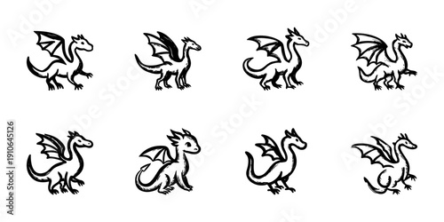 Hand Drawn Dragon Illustrations In Doodle Style Set. Mythical Creature, Fantasy Art, Imaginative Design Collection. Whimsical And Playful Sketches. Isolated Vector Illustration