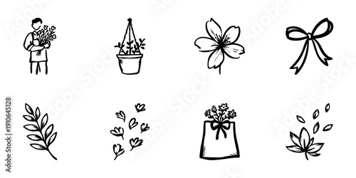 Florist And Floral Elements In Hand Drawn Style Set. Botanical Illustration, Flower Arrangement, Gift Decoration Doodle Sketch Collection. Nature And Gardening Theme. Isolated Vector Illustration