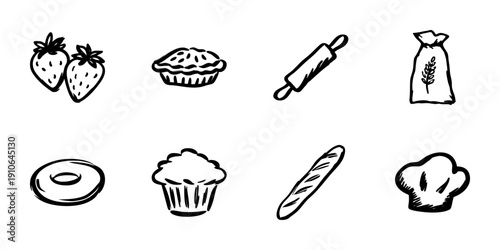 Hand Drawn Bakery And Pastry Icon Set. Baking Ingredients And Tools Doodle Sketch Collection. Strawberries, Pie, Rolling Pin, Flour Bag, Donut, Muffin, Baguette, Chef Hat. Isolated Vector Illustration