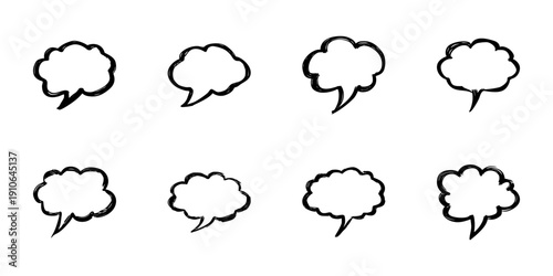 Cloud-Shaped Speech Bubbles In Hand Drawn Style Set. Communication, Dialogue, Thought Expression Doodle Sketch Collection. Creative Conversation Design. Isolated Vector Illustration