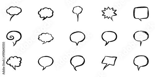 Hand Drawn Speech Bubble Icons In Doodle Style Set. Communication, Dialogue, And Expression Sketch Collection. Creative Conversation Elements. Isolated Vector Illustration