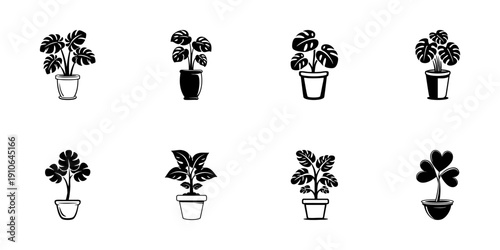 Potted Plant Icon Set In Hand Drawn Style. Indoor Plant Decor, Botanical Illustration, Home Gardening Doodle Sketch Collection. Nature And Greenery Elements. Isolated Vector Illustration