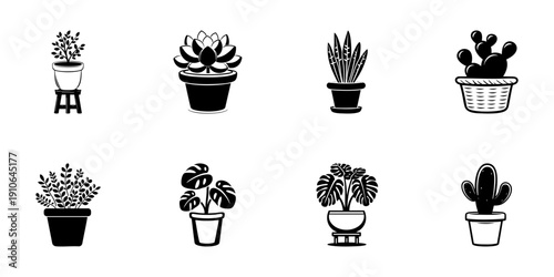 Potted Plants Icon Set In Hand Drawn Style. Indoor Gardening, Home Decor, Botanical Collection Doodle Sketch. Succulents, Cacti, Foliage Variety. Isolated Vector Illustration