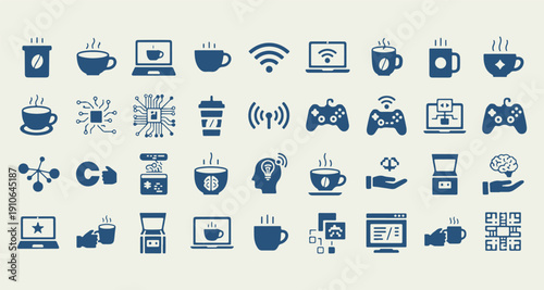 Daily Life Flat Icon Set Blue, WiFi Camera Coffee Gaming Clipart, Modern Technology Symbol Illustration, Lifestyle Object Graphic Bundle, Digital Device Icon Collection, Social Media Tech Element, Eve