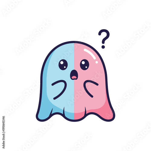 Confused cartoon ghost with blue and pink split color in simple flat design with question mark for social media icon
