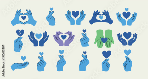 Heart Hands Love Symbol Clipart, Valentine Romantic Gesture Illustration, Blue Love Heart Hand Design, Charity Care Hand Graphic Set, Love Sign Language Icon Bundle, Wedding Romance Element Collection