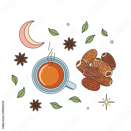 A steaming cup of hot beverage surrounded by almonds and spices under a serene moonlit night sky