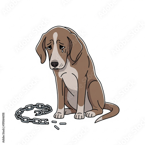 Sad Dog Sitting Alone with Broken Chain Minimal Flat Vector Illustration