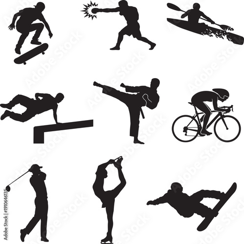 set of vector silhouettes of sports, karate, cycling, ice skating, golf, boxing, parkour