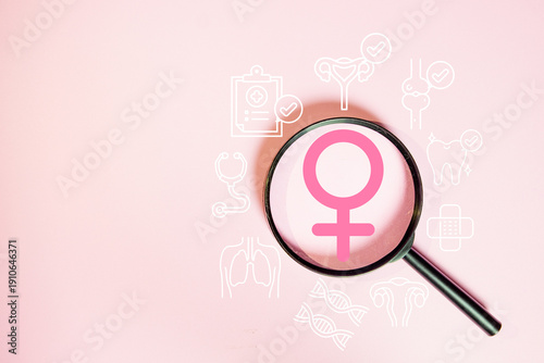 Women healthcare and gynecology checkup. Magnifying glass on pink gender sign with medical icons. Symbol of reproductive system, breast cancer awareness, hormone balance, and lady wellness.