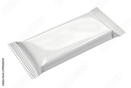 White blank chocolate bar flow pack wrapper template with smooth plastic surface isolated on clean minimal background design